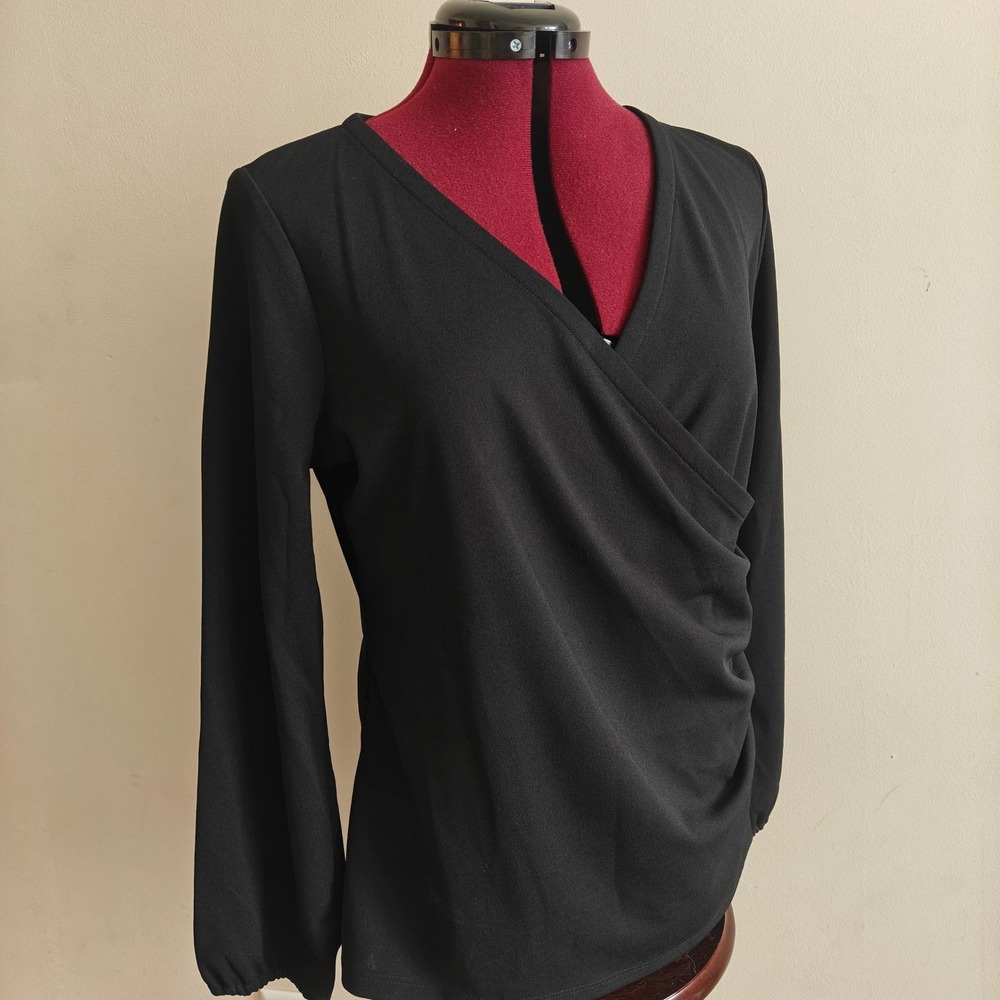 NEW Talbots Petite Black Surplice Wrap Top Long Sleeve Ruched VNeck Blouse Large